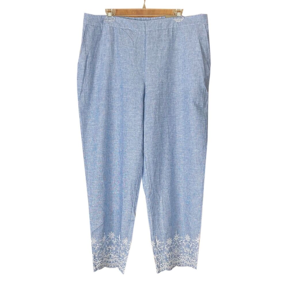 Chico's Pismo Beach Blue Stripe Straight Leg Pants Size 3 / 16 Linen Eyelet NEW